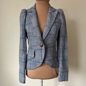 Smythe Blue White Plaid Cotton Linen Puff Shoulder Blazer Suit Jacket EUC Size 0